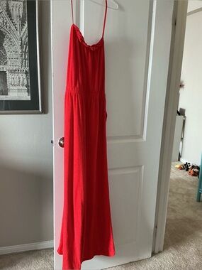 aerie Red Ruched Strapless Maxi jumpsuit